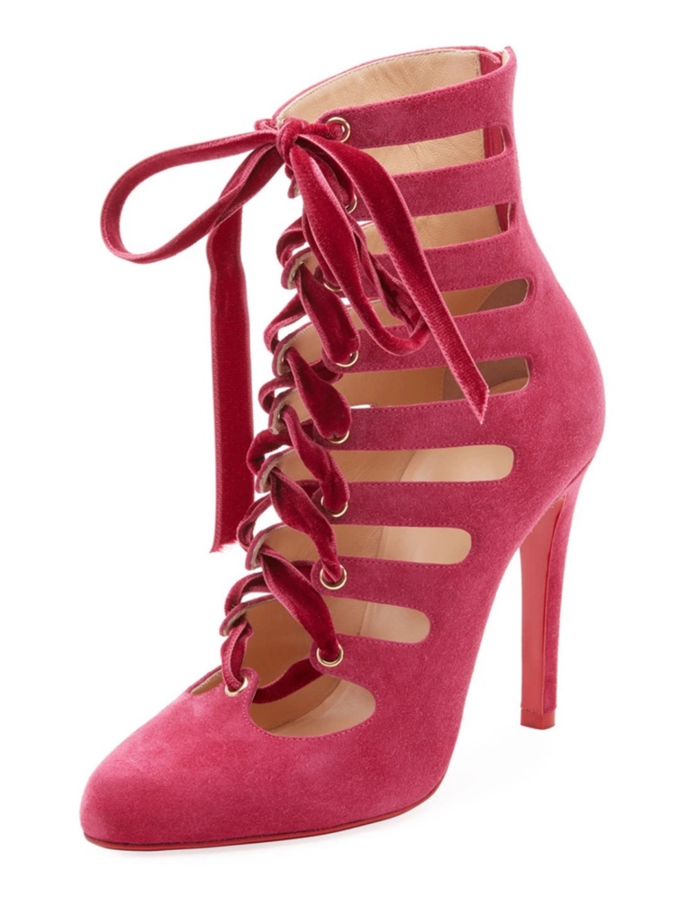 Christian Louboutin Spinetita 100 Loulou Pink Lace Up Sandal Heel Bootie 38
